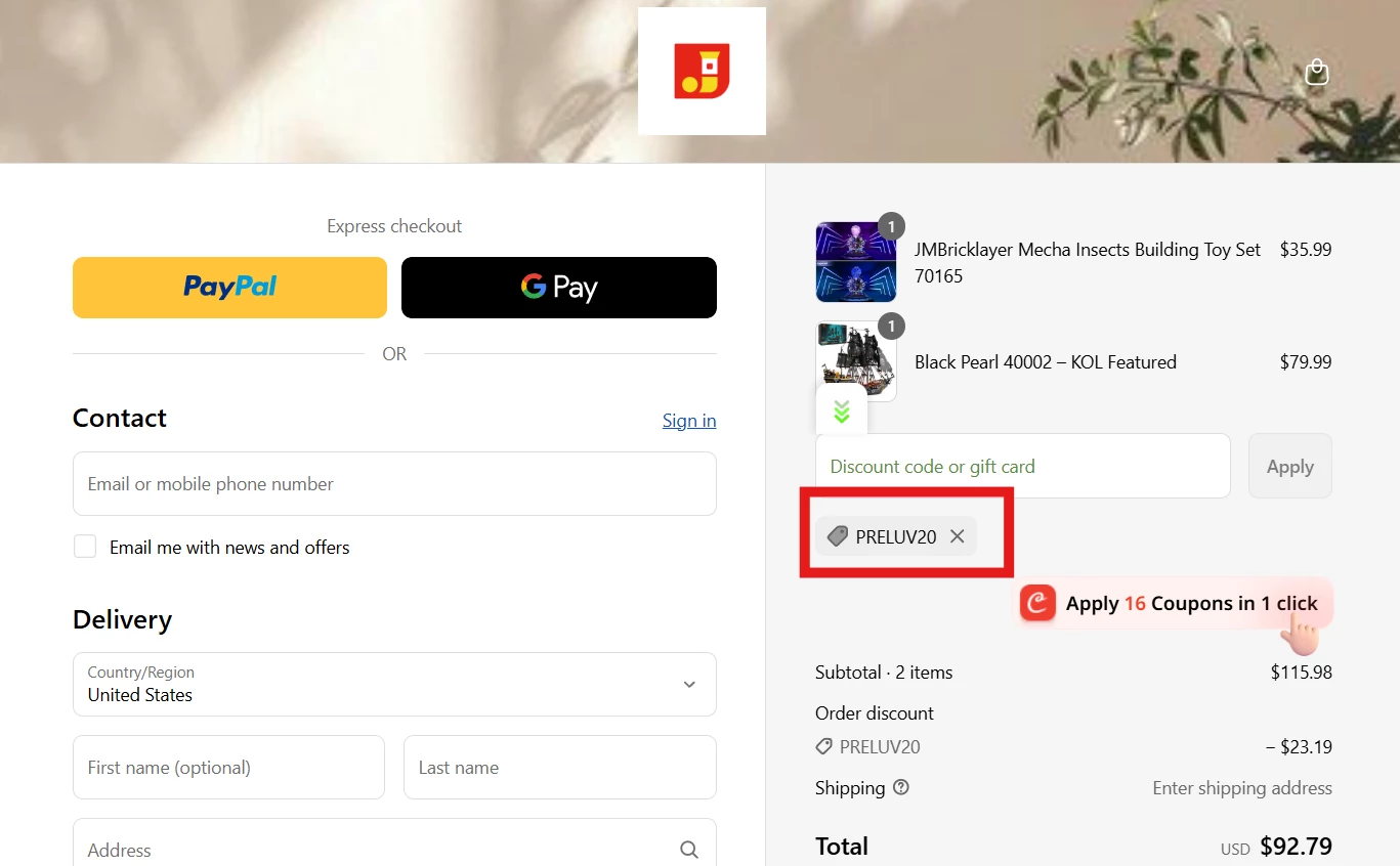 JMBricklayer verified Coupon code PRELUV20